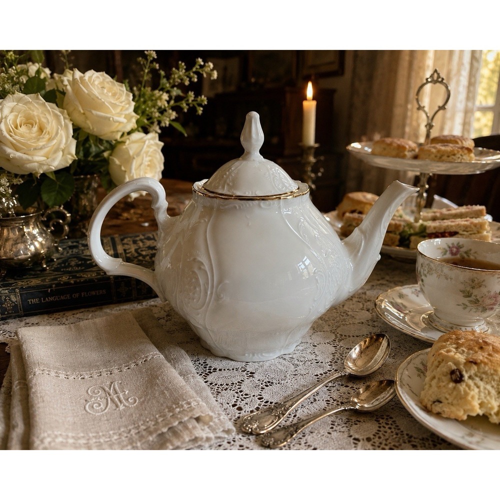 Bernadette Bohemian Porcelain White Gold Teapot Czech Republic